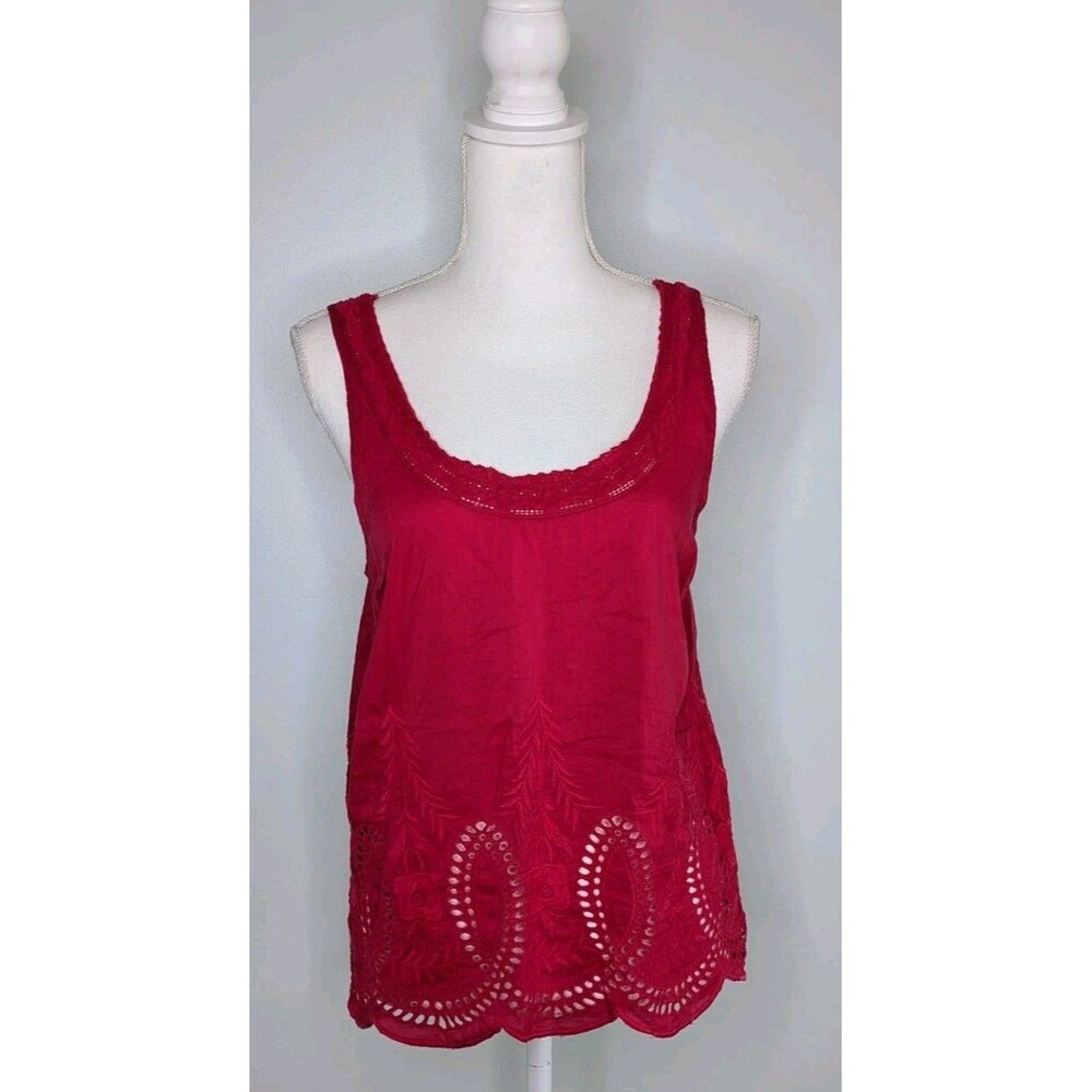 Joie Lilie Red Silk Blend Eyelet Embroidered Scalloped Tank Top Size Medium Boho